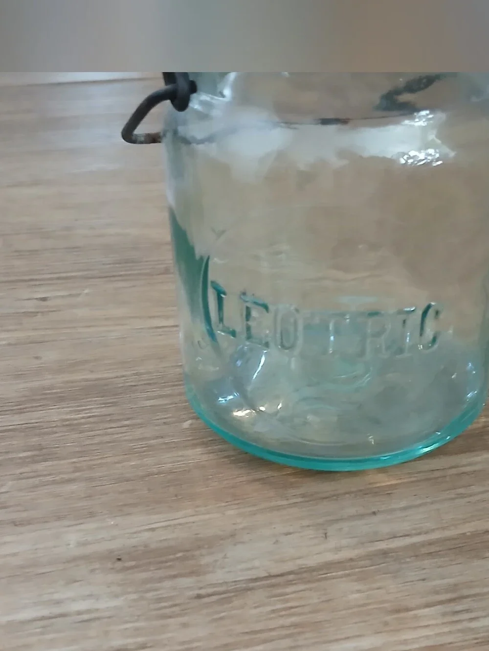 Vintage Aqua Glass Jar with Lid - 'Leotric' Embossed